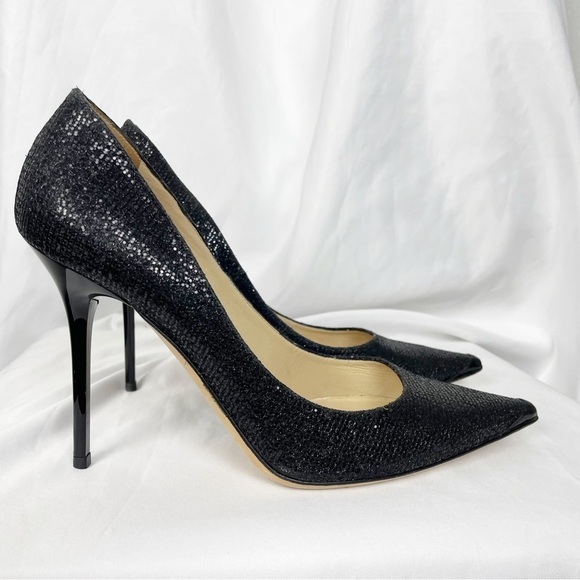 Jimmy Choo Abel Glitter Stiletto Pointed Toe Heels Black Sparkly Cocktail Party - Picture 2 of 7